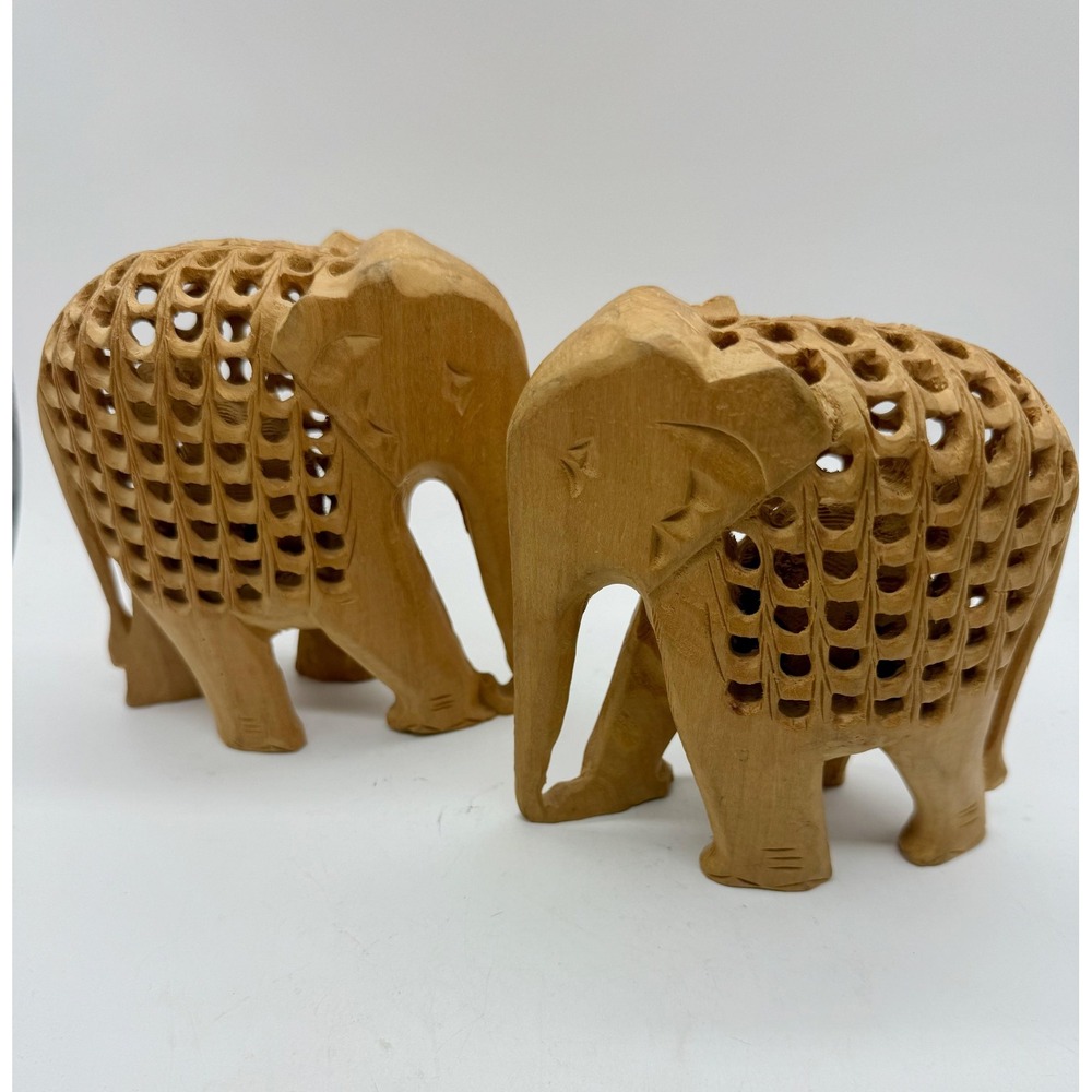Unmarked Elephant Figurine Small Beige Wood Carvings Hand Carved elephant inside